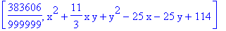 [383606/999999, x^2+11/3*x*y+y^2-25*x-25*y+114]